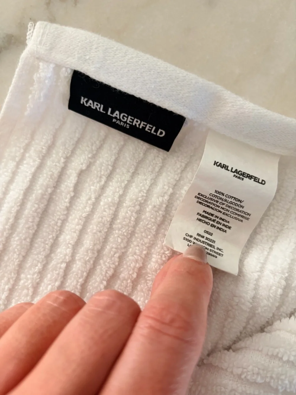 Karl Lagerfeld White Ribbed Cotton Towel with Black Label